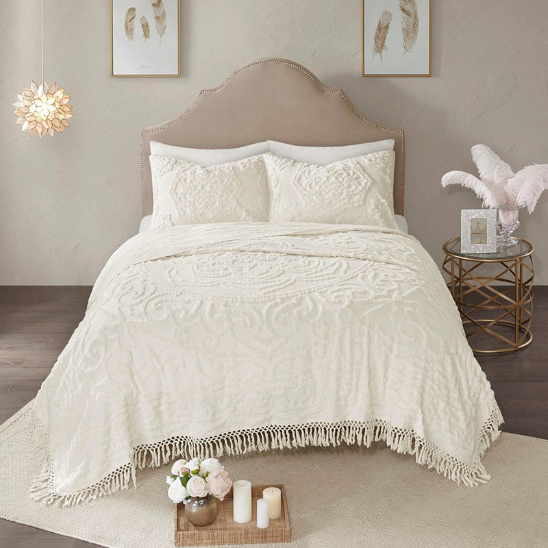 Couvre-lit en chenille à médaillon 100% coton, Couvre-lit double / grand + 2 taies décoratives, Off White