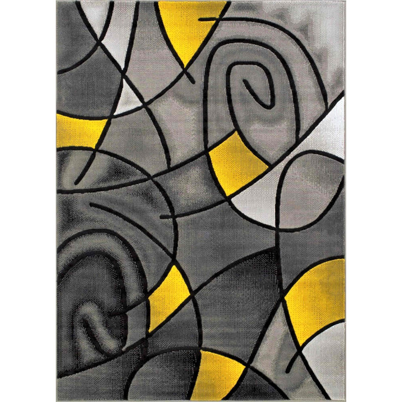 Tapis jaune à motif abstrait Richawara, Rectangle 5 pi x 7 pi