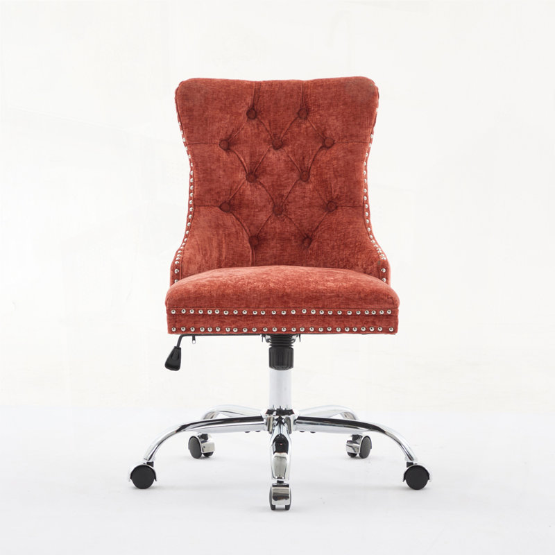 Chenille Upholstered Tufted Button Home Office Chair with Chrome Metal Base,Adjustable Desk Chair Swivel Office Chair, Orange