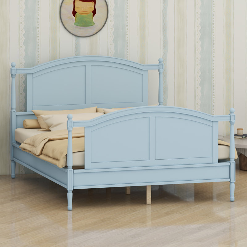 Lit plateforme en bois de style campagnard avec tête de lit arquée et colonnes, Bleu clair