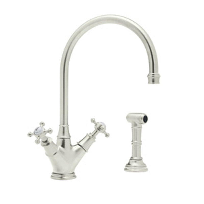 Perrin and Rowe Double Handle Minoan Kitchen Faucet with Side Spray Rinse, Polished Nickel