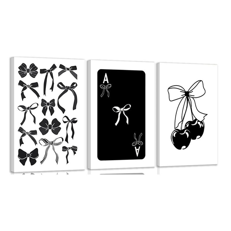 3Pcs Fashion Black Bow Canvas Wall Art Funky Aesthetic Cherry Poker Picture Painting Trendy Preppy Aesthetic Wall Decor Artwork For Room Dorm Apartment Bedroom Decorations