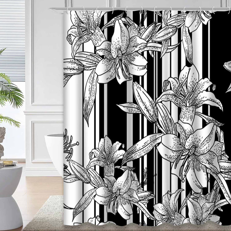 Rideau de douche sans couture à motif floral noir et blanc avec 12 crochets, 72" L x 84" W