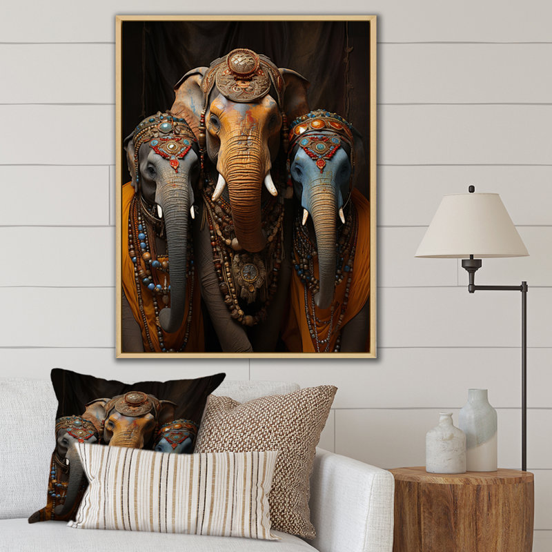 Art asiatique, éléphants thaïlandais sur toile, H 32 po x l 16 po x P 1 po, Cadre naturel flottant