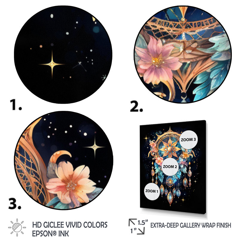 «Vyan Gold Dreamcatcher Celestial Dreams II», reproduction sur toile, H 40 po x l 30 po x P 1,5 po, Cadre photo noir