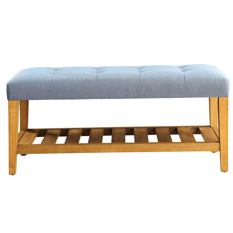 Banc chic bleu avec tablette en chêne et coussin rembourré