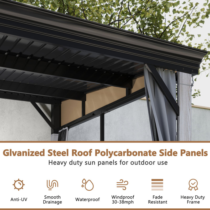 13.5 ft. W x 11.5 ft. D Wall-mounted Galvanized Steel Hardtop Gazebo, Heavy-duty Wooden Frame Patio Gazebo with Netting & Curtains
