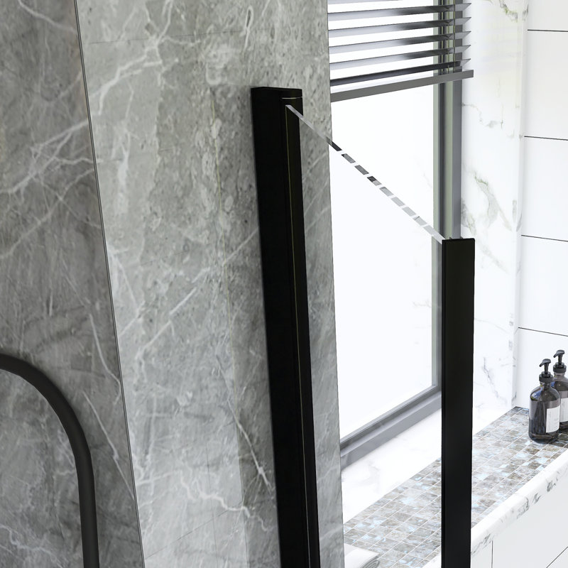 Porte de douche pivotante 30 po x 72 po, cadre en aluminium noir mat, demi-cadre, film en verre trempé anti-déflagrant de 1/4 po, poignée en acier inoxydable