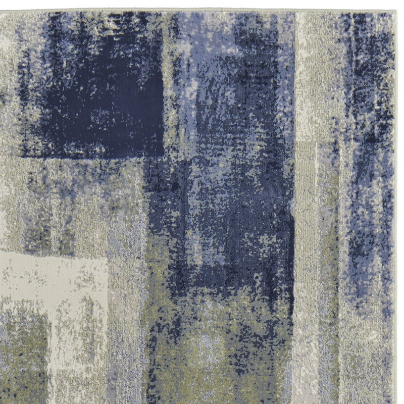 Blue Green And Ivory Abstract Power Loom Distressed Runner Rug
