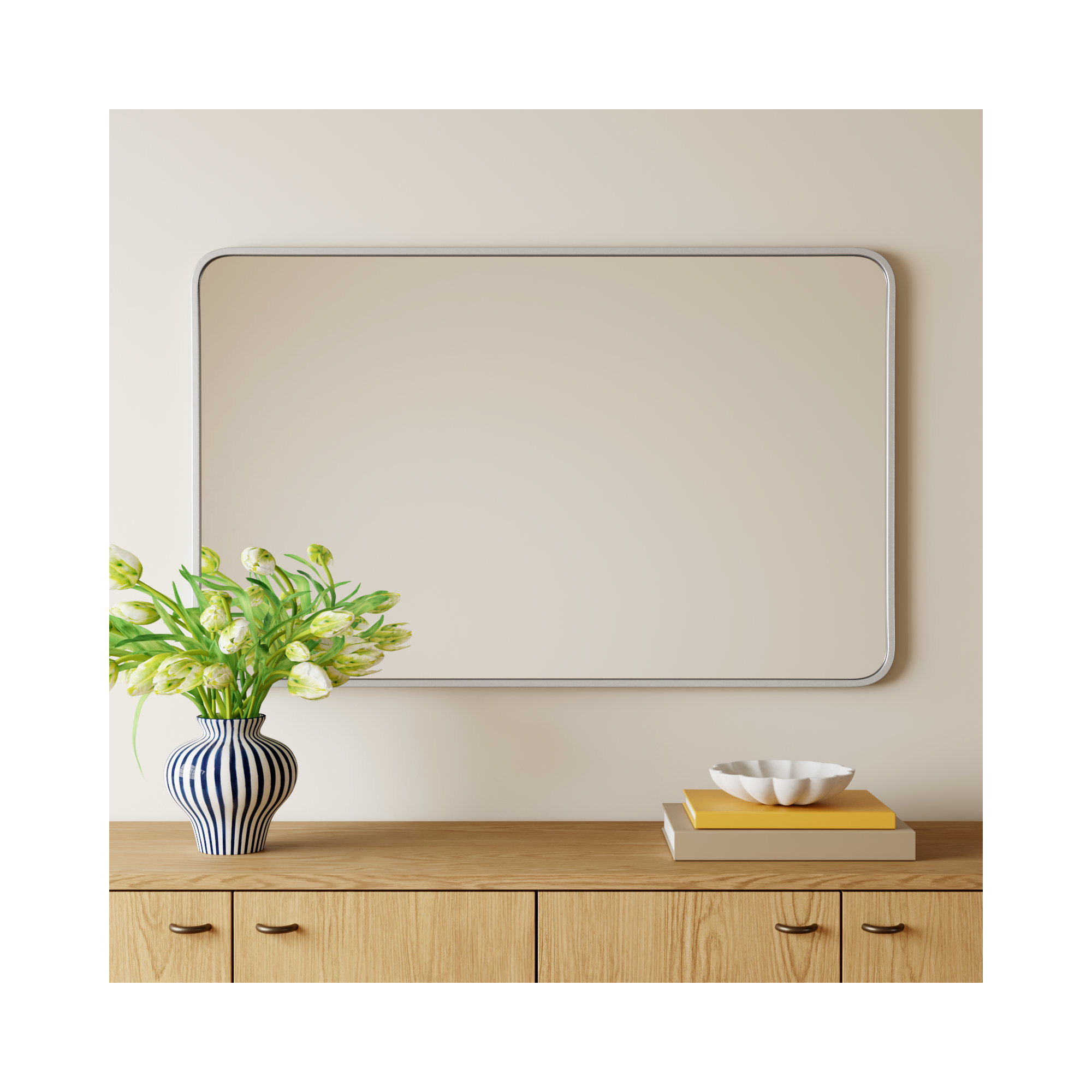 Sabine Metal Rounded Rectangle Wall Mirror, Silver, 48'' H x 30'' W