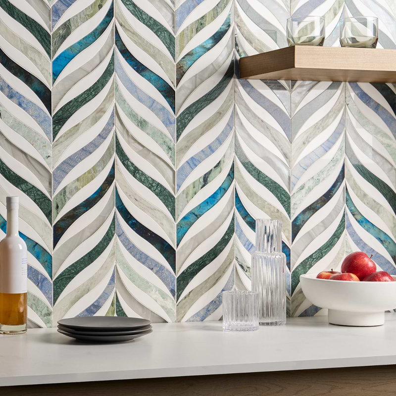 Begonia 12x15 Polished Marble Mosaic Tile, Verde Azul Green