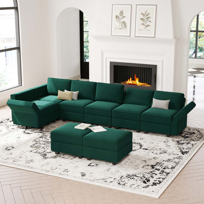 Canapé de rangement modulaire rembourré en L en velours de 143 po Teangela, Velours vert