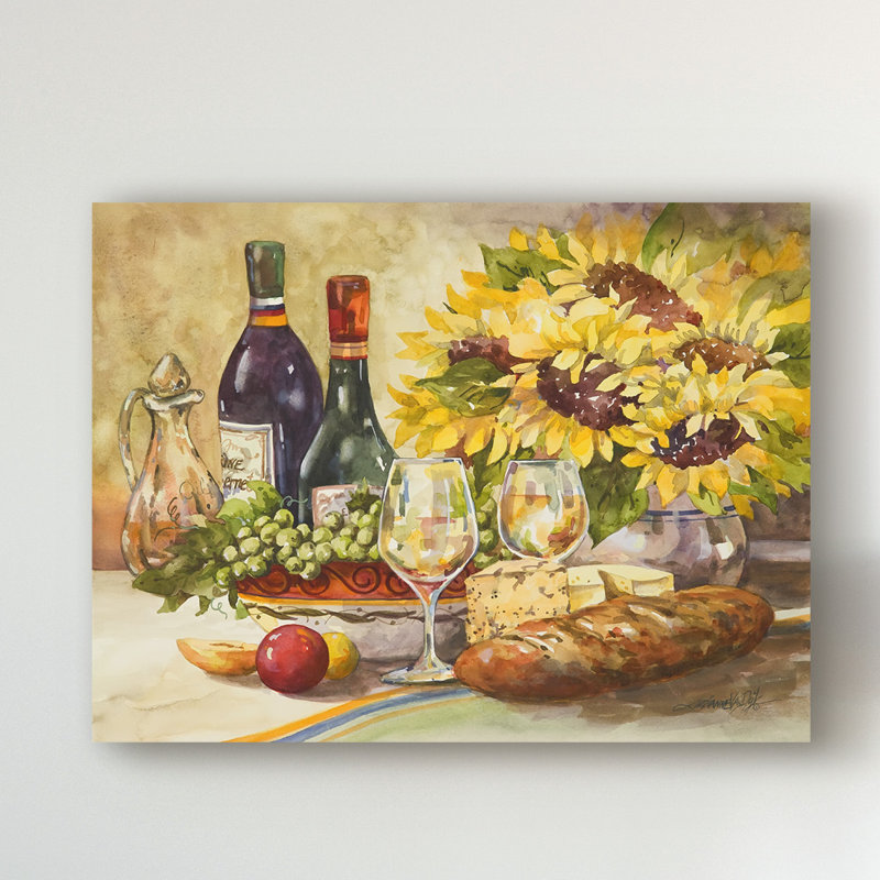 «Wine And Sunflowers», reproduction de peinture acrylique sur toile tendue, H 18 po x l 24 po x P 2 po
