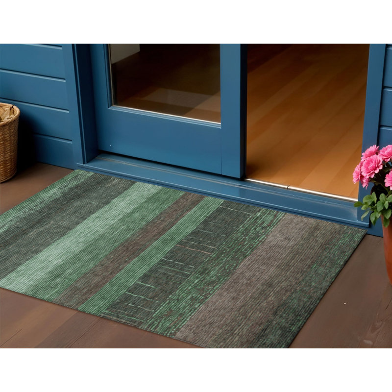 Tapis extérieur lavable rayé vert et kaki 3 pi x 5 pi