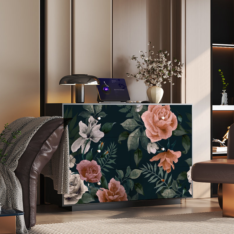 Modern Solid Wood 6-Drawer Cabinet Floral Pattern