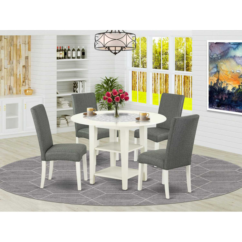 5 Piece Dining Set Includes a Round Dining Room Table with Dropleaf & Shelves and 4 Gray Linen Fabric Upholstered Parson Chairs, Linen White