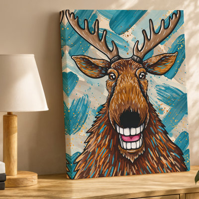 Canvas A Whimsical Cartoon Moose With Oversized Antlers And A Big Wall Art Goofy Grin Fills The Frame Showcasing Exaggerated Facial Canvas Wall Art