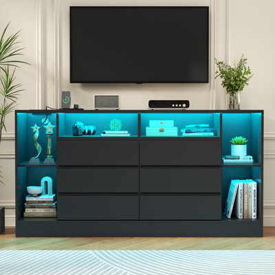 6 Drawers Dresser With 6 Open Storage Cubbies, Led Dressers & Chests Of Drawers With Power Outlet, 55" Wide Long Dresser For Bedroom, Modern Tv Stand With Open Shelf For Living Room