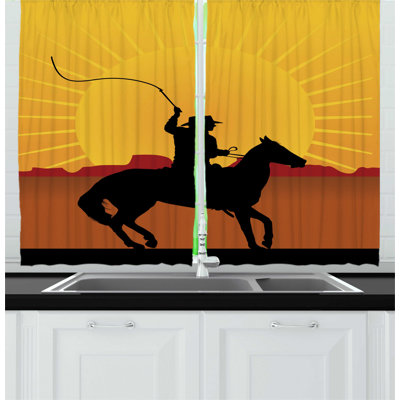 2 Piece Silhouette Cowboy on Horse Sun Backlash Western Pattern Kitchen Curtain Set -  East Urban Home, C3D47CC302994CA091451229B09C432D