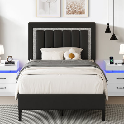 Diamond Tufted Upholstered Platform Bed Frame  with  Matching LED Nightstands Bedroom Set