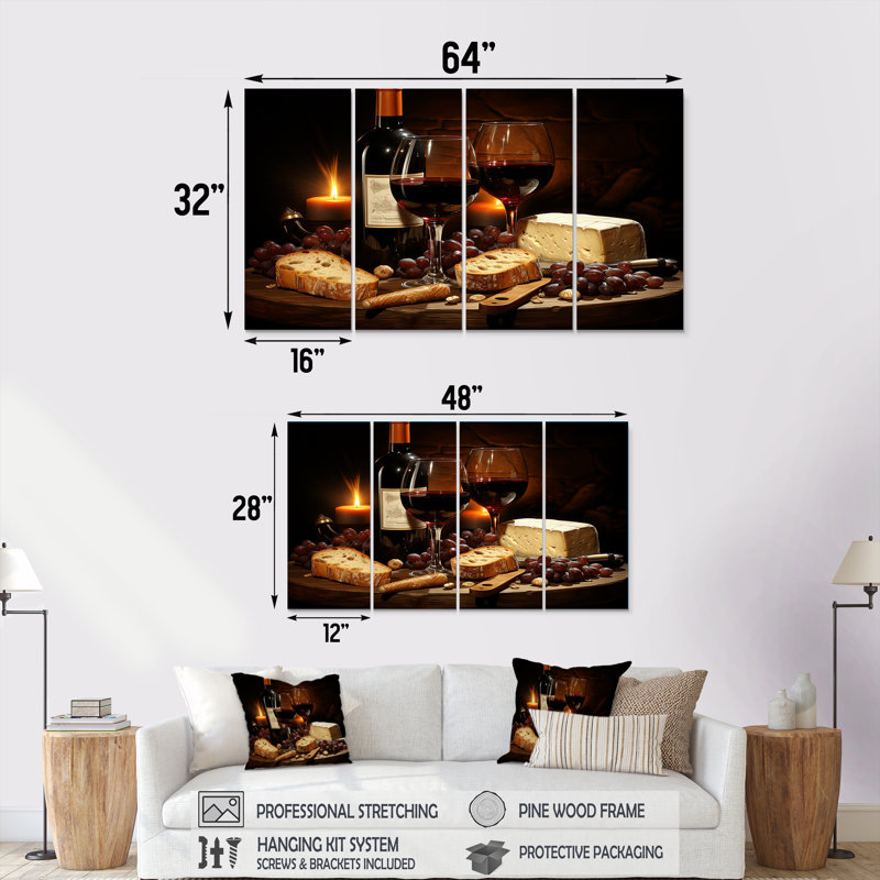 «Cheese And Wine Charcuterie Board Radiance - Wine», art mural 4 pièces pour le salon, H 28 po x l 48 po