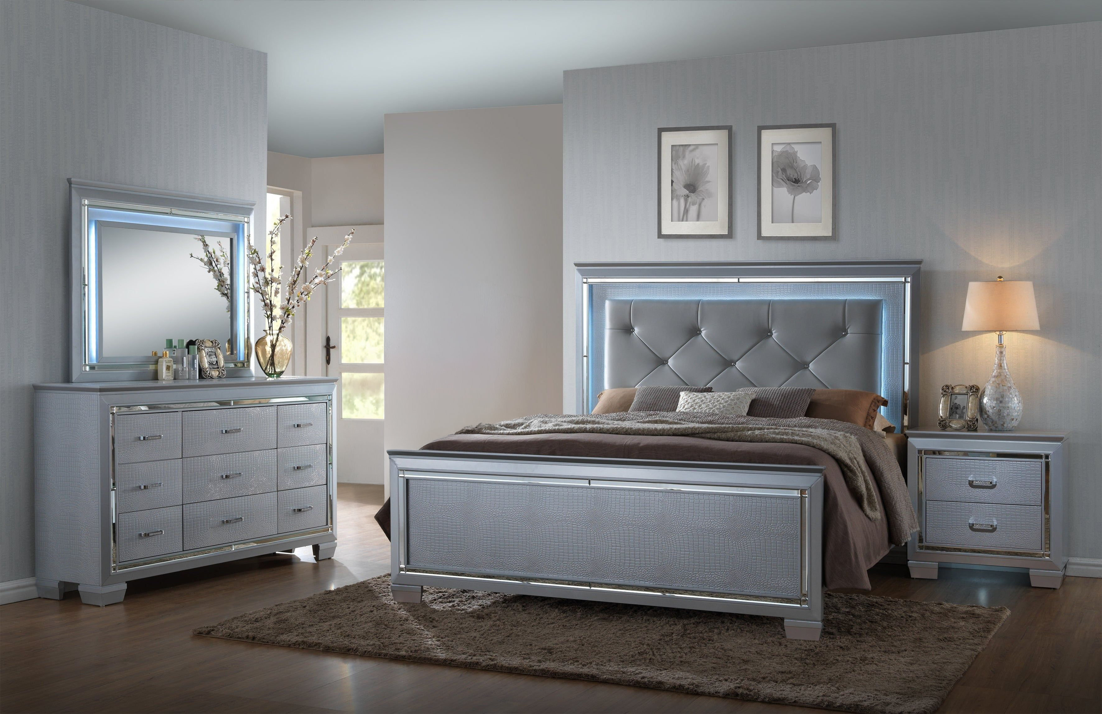 silver dresser with mirror and nightstand set Rosdorf Park Silver LED Upholstered Queen Bedroom Set