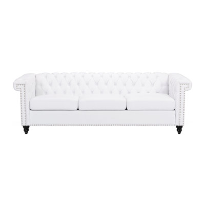 3 Seater For Home Decor - Traditional Style, Low Back, Upholstery, Deep Button Tufting, Metal Nail Head Accents, White Pu, 83"W X 32"D 26"H Timeless , Style With And Trim Living Room,