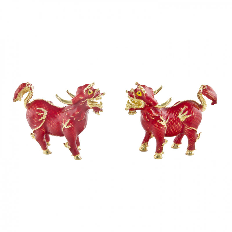 Ensemble de 2 figurines Feng Shui Bejewel Pi Yao, Rouge