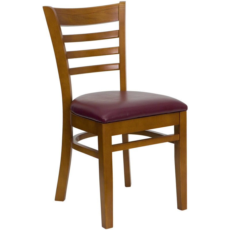Cherry Wood & Burgundy Vinyl Upholstered Ladderback Side Chair