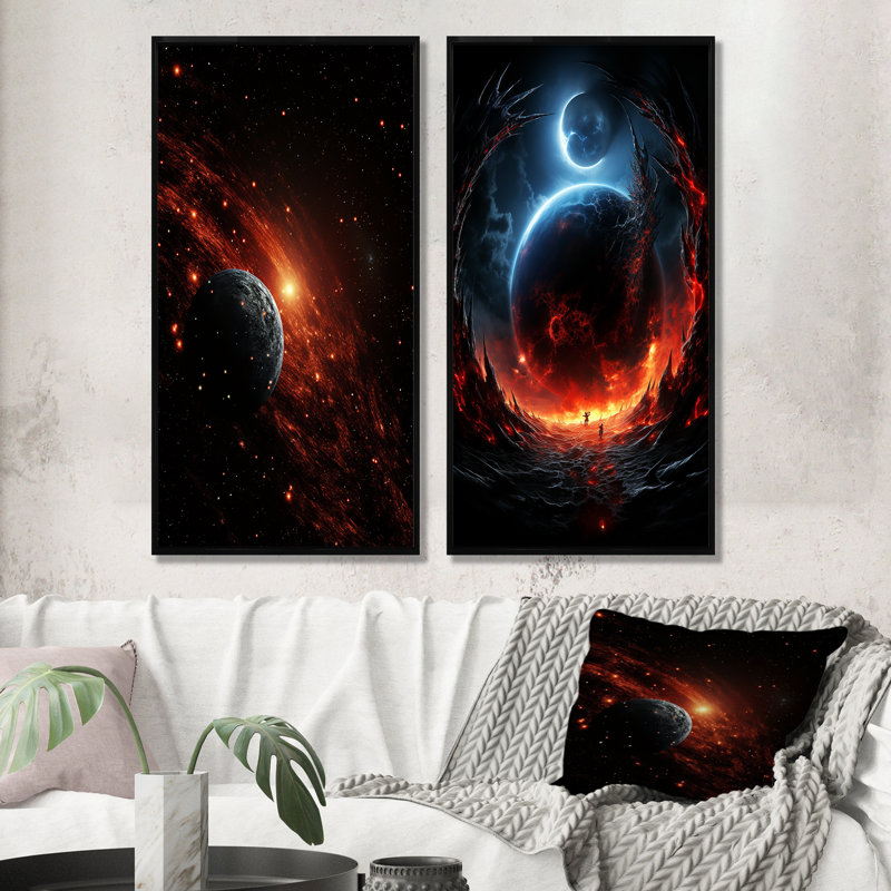Ensemble de salon orange et noir Comets In Galaxy I - Planète comète, Cadre noir, H 40 po x l 41 po