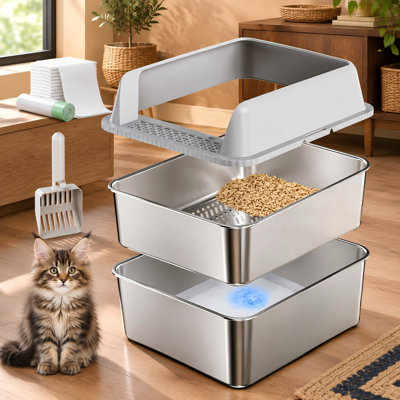 Ce bac en acier inoxydable couvert, mesurant 17,3 po x 13,4 po x 10,5 po, permet de tamiser les granules de pin. L'entrée basse est adaptée aux chatons et aux petits chats, tandis que le bac est anti-fuite et facile à nettoyer.