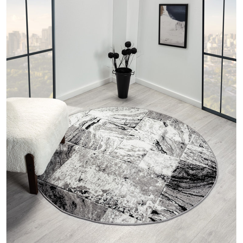 Anatola Dark Grey Abstract Square Area Rug, Round 5'3"