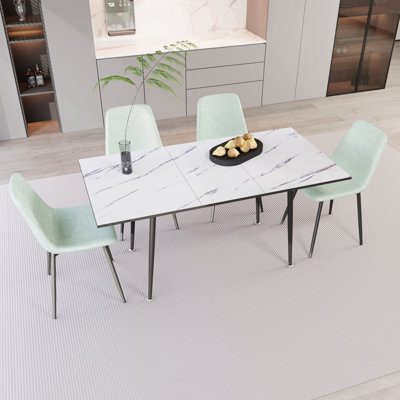 Ensemble de table de salle à manger et de chaises en MDF de 47 à 63 po, pouvant accueillir 2 à 6 personnes, table de salle à manger blanche et chaise de salle à manger moderne vert clair, ensemble de 4 pièces, base en métal et chaise en lin