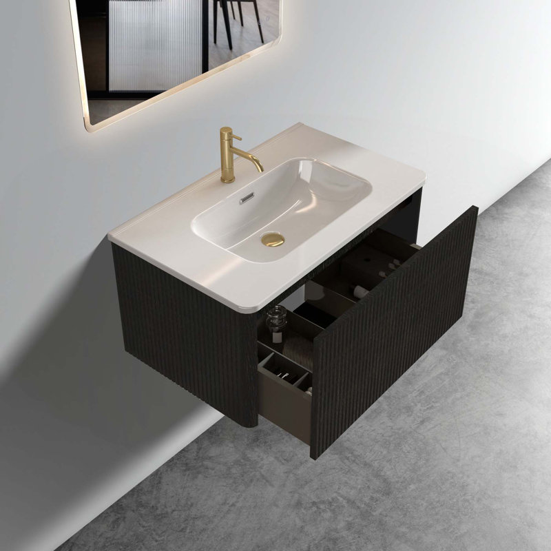 Modern Wall-Mounted Bathroom Vanity with Integrated Sink and Multiple Features, Black