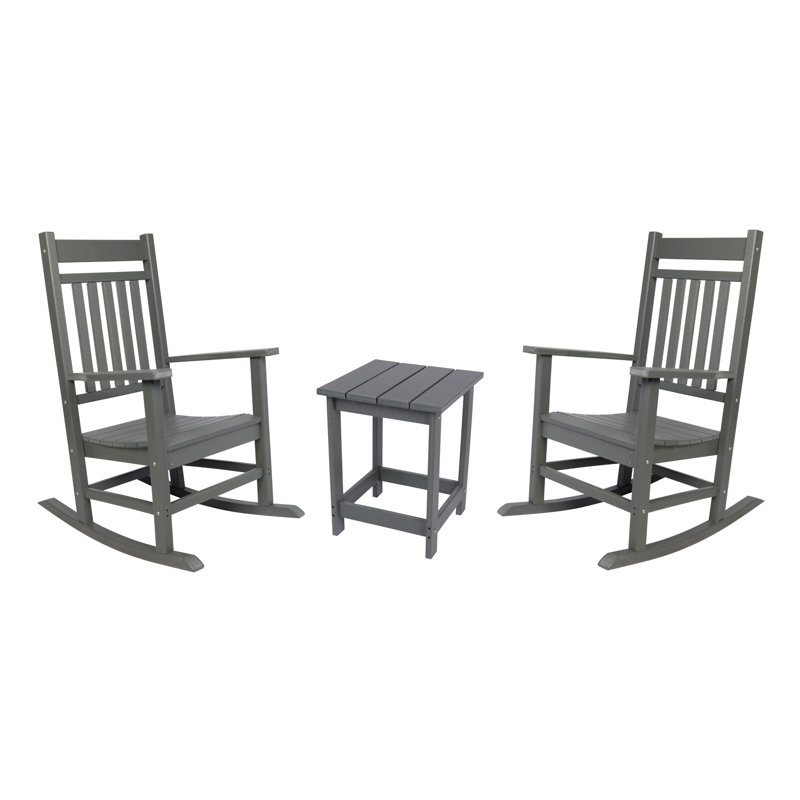 Margherita HDPE Weather-Resistant Adirondack Rocking Chairs with Table Set, Gray
