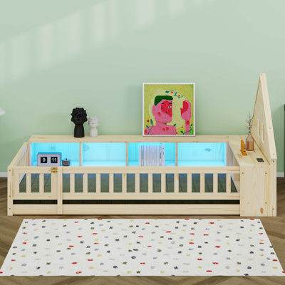 Lit au sol en bois avec tête de lit en forme de maison, lit au sol avec armoires de rangement, DEL, port USB et prises de courant
