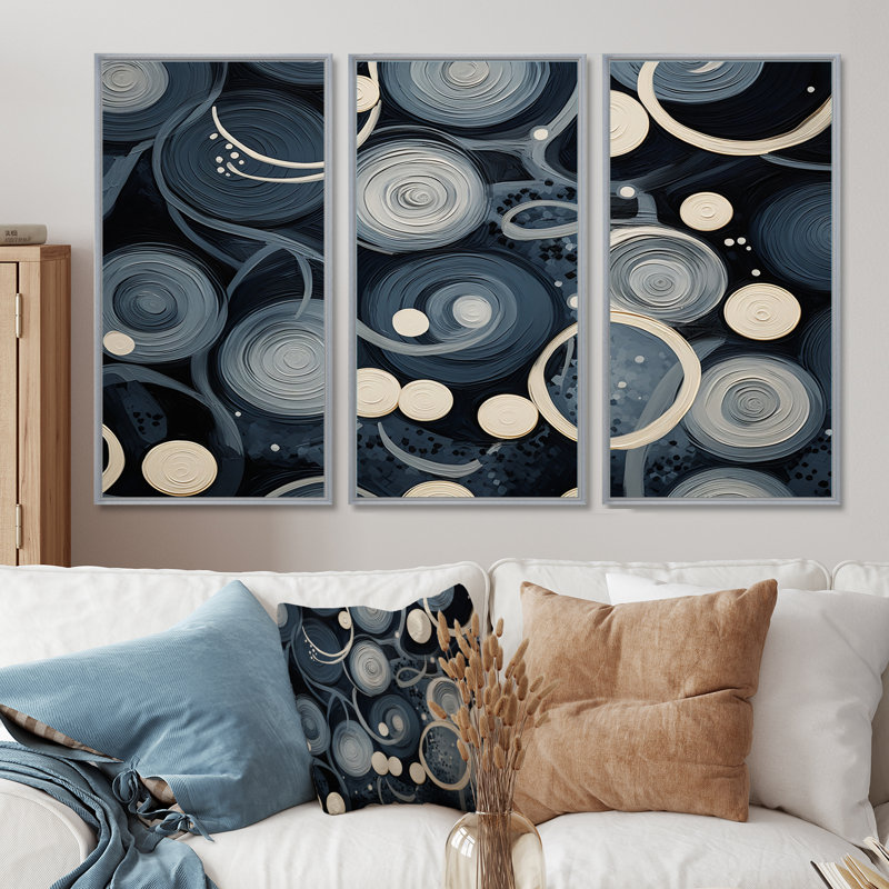 Ensemble de salon White Moons On Retro Blue - Geometric Wall Art, Encadrement argenté, H 32 po x l 48 po x P 1 po