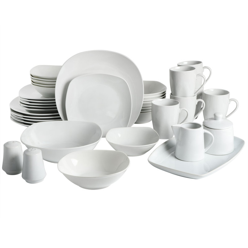 Gibson Home Back To Basics Dinnerware Sets, Square: Service For 6 (39Pcs), Classic Pearl