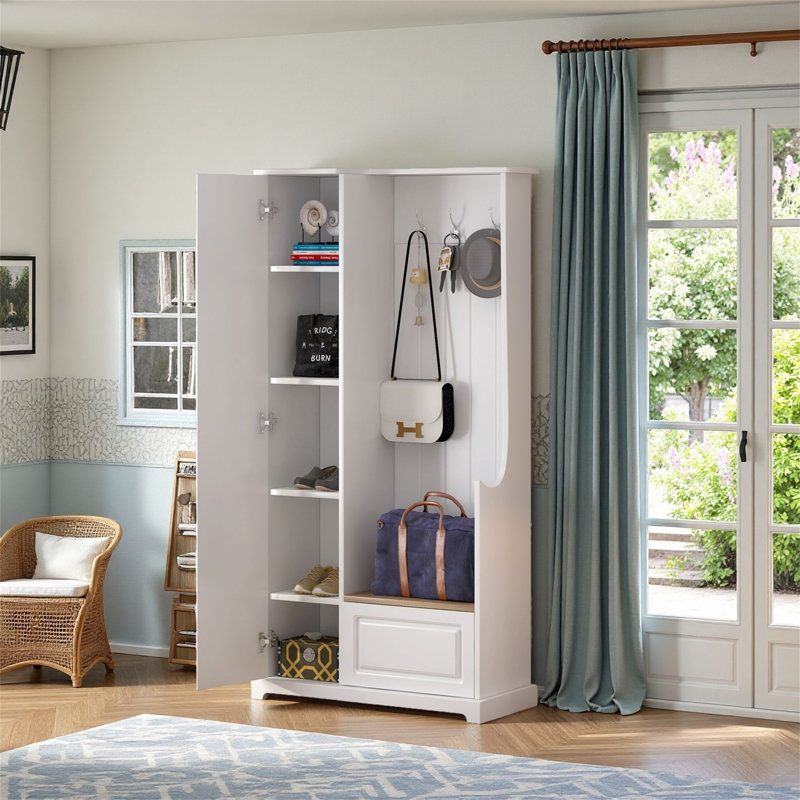 70"H Hall Tree with Enclosed Storage, White