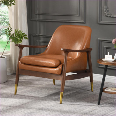 Chaise de salon, de chambre à coucher et de bureau d'appoint en similicuir Mid-Century brun chaud en bois massif de 29,2 pouces