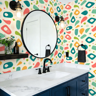 Peel and Stick Wallpaper Mid Century Modern atomic retro stars Wall Mural 17.7"W x 118"H Self Adhesive Removable Wall Paper Renter Friendly Wallpaper for Nursery Bedroom Cabinets