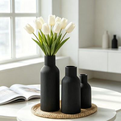 Black Ceramic Flower Vases Set of 3, Modern Matte Vertical Ribbed Nordic Minimalist Decor for Pampas Grass, Dried and Fresh Flowers, Centerpiece for Living Room, Shelf, Entryway, Wedding