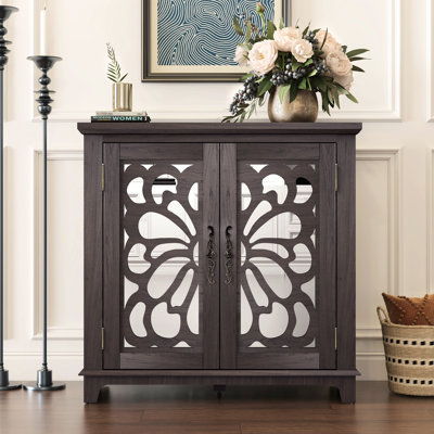Spacious Storage Sideboard, 2 Acrylic Mirrored Doors, Brown Laminated , Adjustable Shelf For Versatile Storage, 3d Wood Grain Aesthetics, Charming Design Living Room And Kitchen, Quick Assembly,
