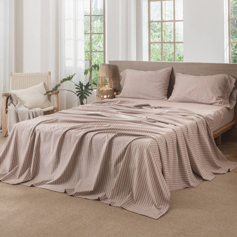 Drap plat Moomee 100% coton délavé texturé respirant, Drap plat de taille très grand, Wide Stripes - Orange/White