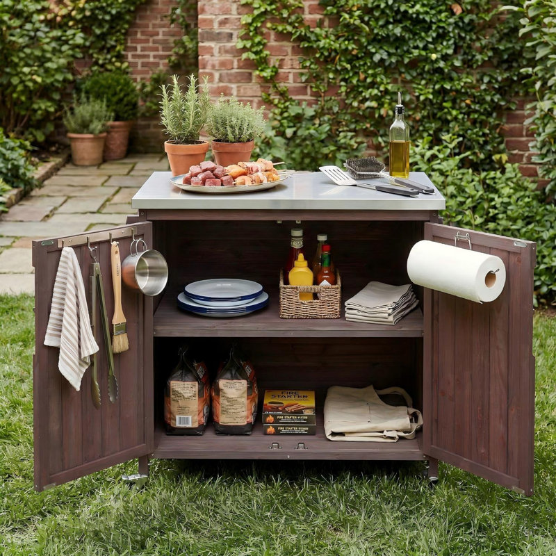 39.4-Inch Dark Brown Outdoor Kitchen Island With Stainless Steel Countertop, Drawers, And Casters For Pizza Making.