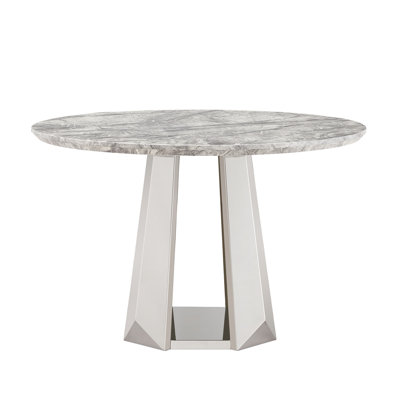 Table de cuisine ronde de 47 po Burchett, plateau en faux marbre avec huile et teinture, base en acier inoxydable de 400 livres, argent gris, assemblage facile