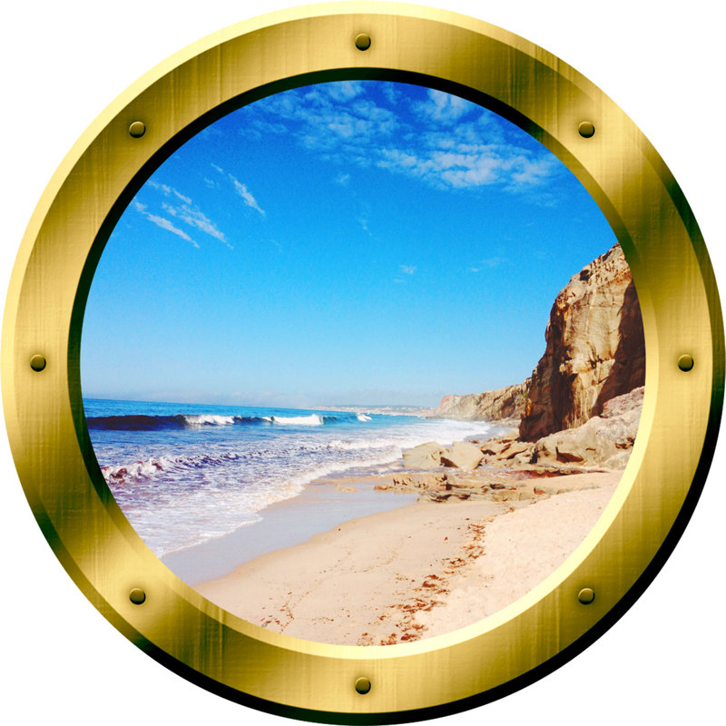 Décalcomanie murale hublot 3d ocean beach, H 24 po x l 24 po x P 0,01 po, Or