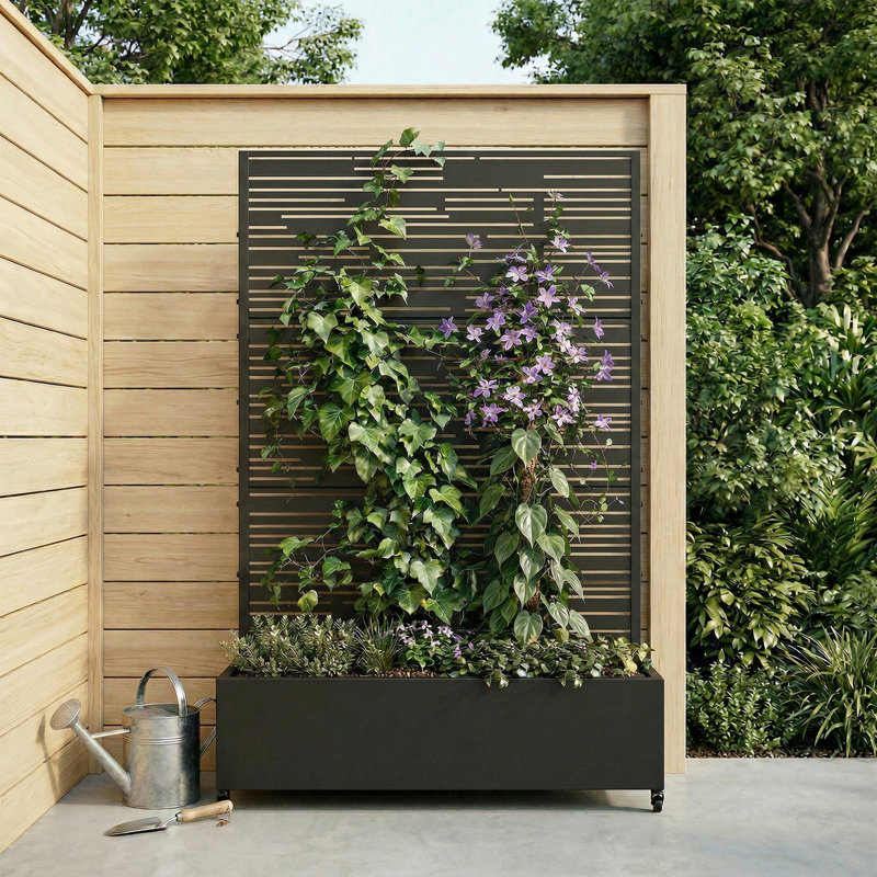 6 ft. H x 4 ft. W Metal Planter Box privacy screen Garden Bed with Trellis and Wheels - Black, Black