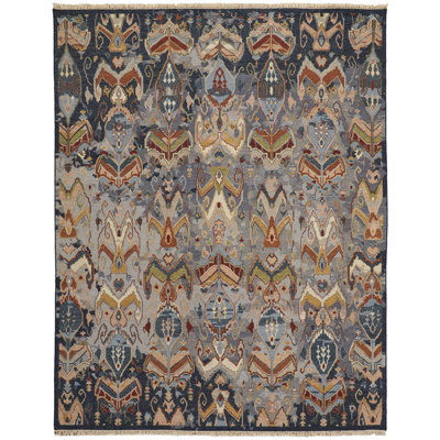 Aranza Ikat Hand-Knotted Wool Area Rug in Blue/Gray/Tan