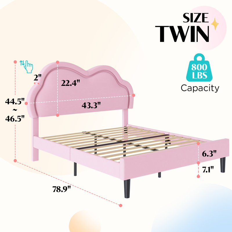 Landover Twin Upholstered Platform Bed with LED Cloud-Shaped Headboard, Pink, Pink, Twin